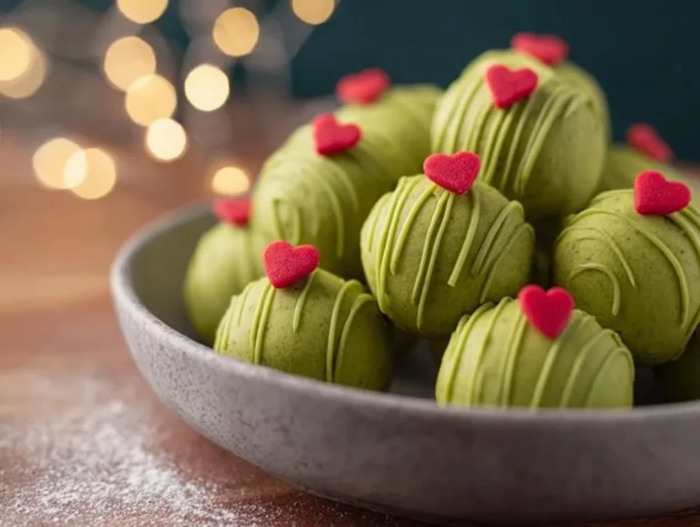 Festive Grinch Oreo Truffles decorated for the holidays.