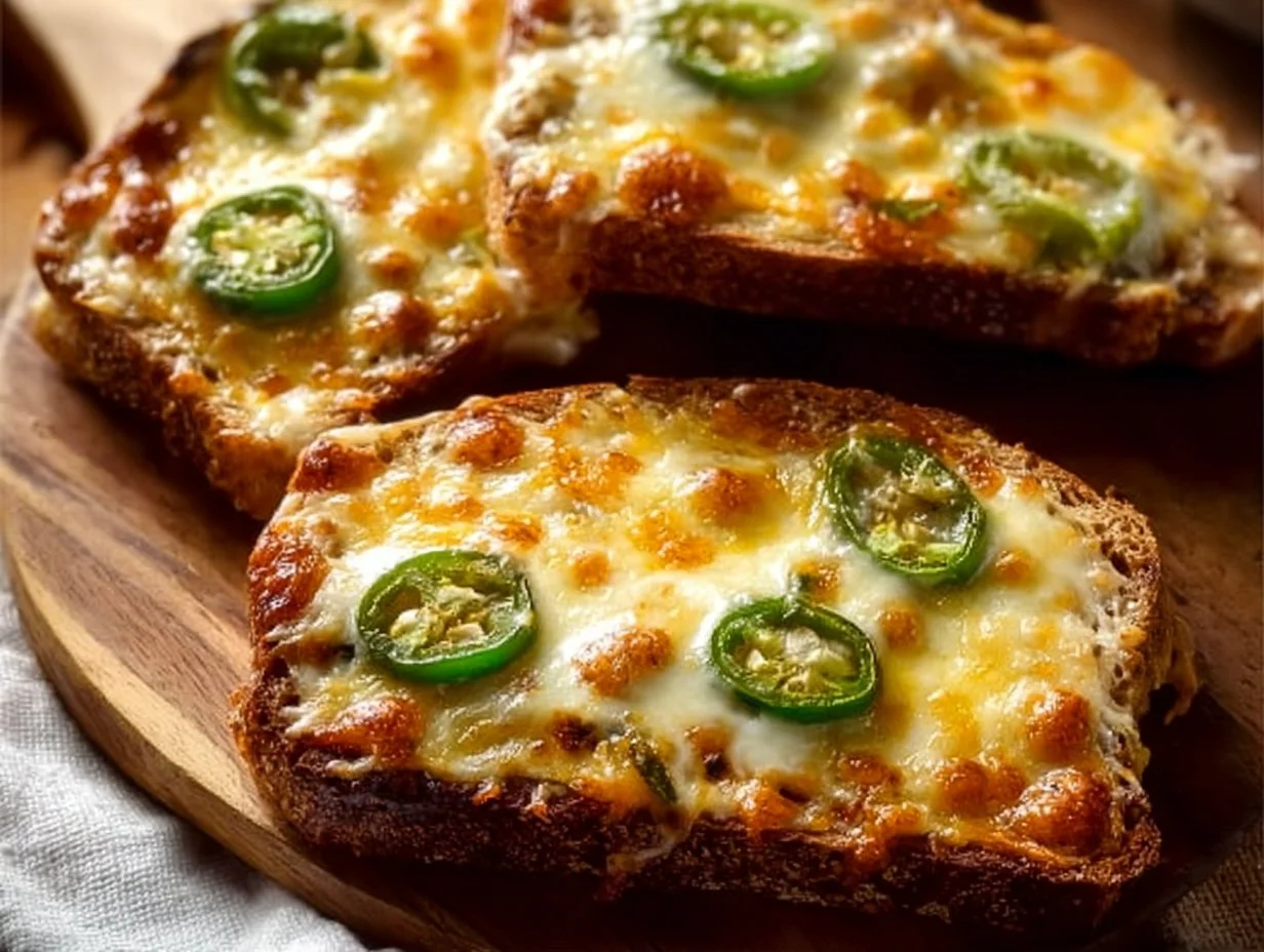 High Protein Chili Cheese Toasts topped with cheese and chili peppers