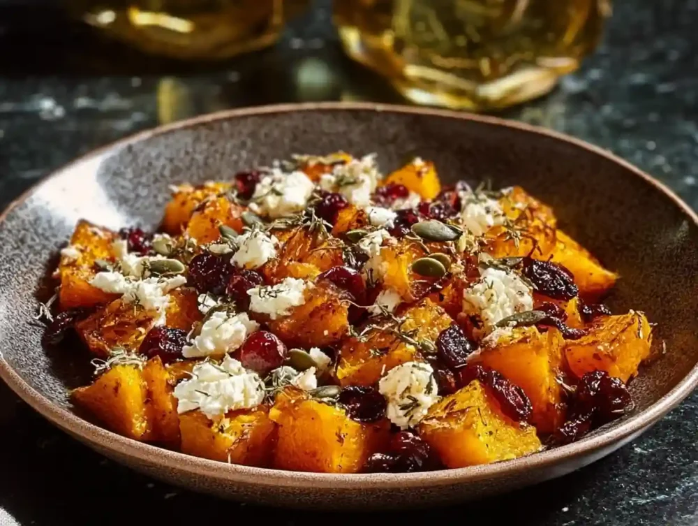 Crispy Honey-Roasted Butternut with Cranberries, Feta & Pumpkin Seeds Crispy honey-roasted butternut squash with cranberries, feta, and pumpkin seeds dish.