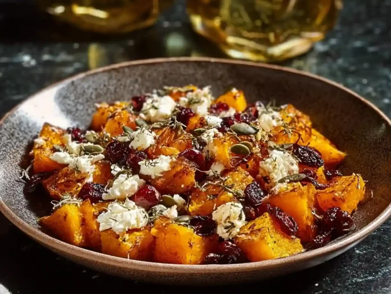 Crispy honey-roasted butternut squash with cranberries, feta, and pumpkin seeds dish.