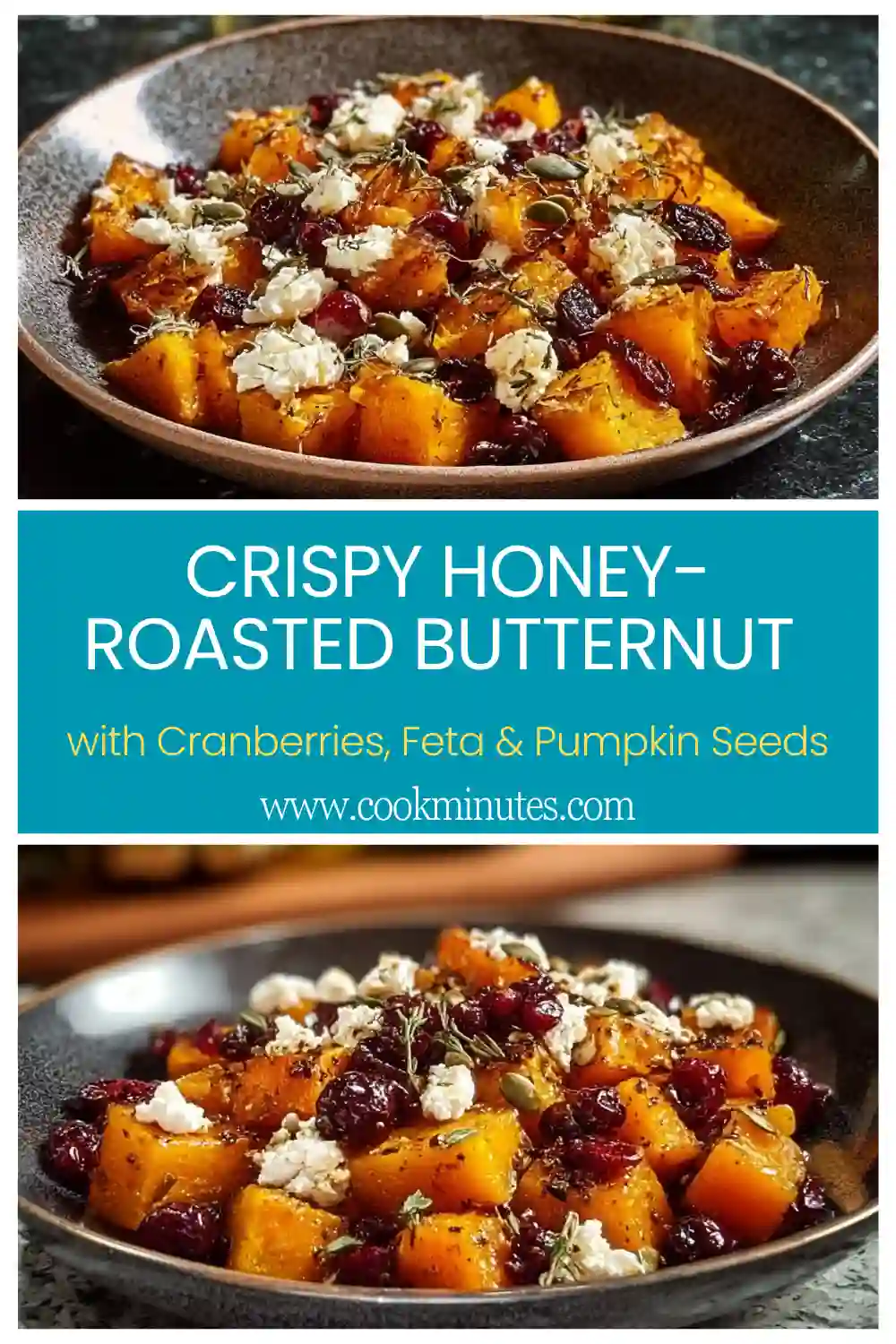 Crispy Honey-Roasted Butternut with Cranberries, Feta & Pumpkin Seeds A colorful dish of Crispy Honey-Roasted Butternut with Cranberries, Feta & Pumpkin Seeds. Perfect for a fall party.