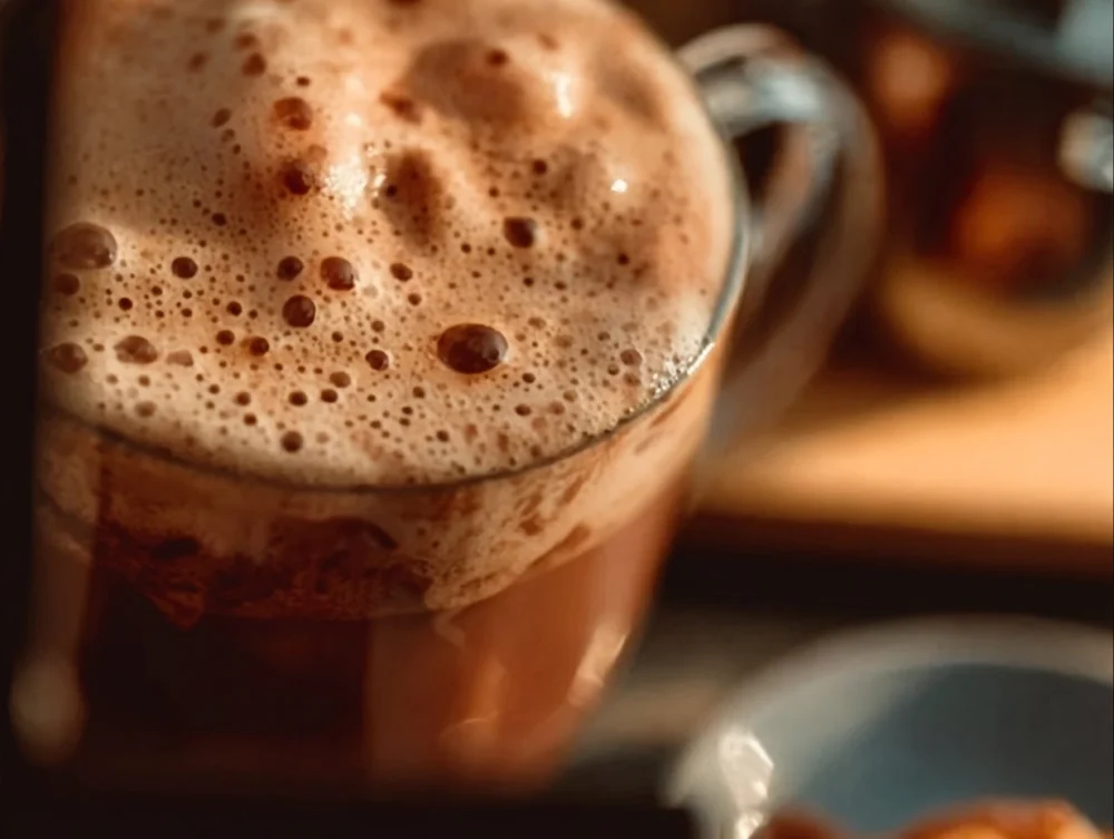 A steaming mug of homemade hot chocolate topped with whipped cream, the perfect indulgence for chocolate lovers.