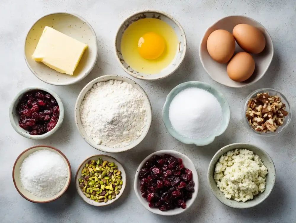 ingredients for Pistachio Cranberry Wreath Cookies