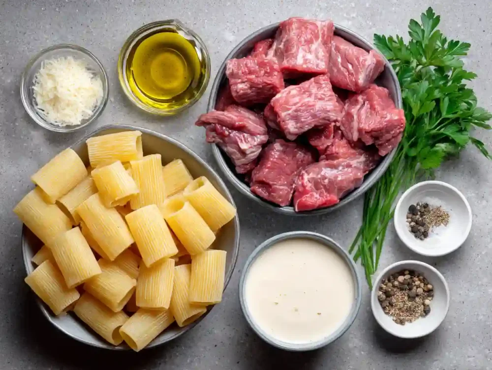 ingredients for Cajun Steak Tips in Cheesy Rigatoni Parmesan Sauce