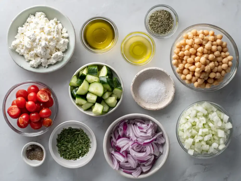ingredients for Cottage Cheese Chickpea Salad Bowl recipe