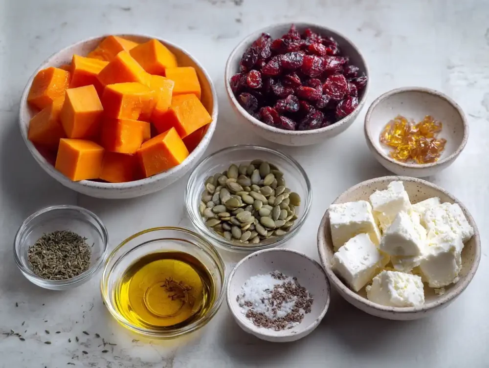 Crispy Honey-Roasted Butternut with Cranberries, Feta & Pumpkin Seeds ingredients for honey-roasted butternut recipe