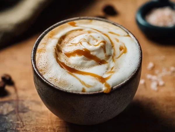 Dairy-free Maple Sea Salt Latte served in a cozy coffee shop setting