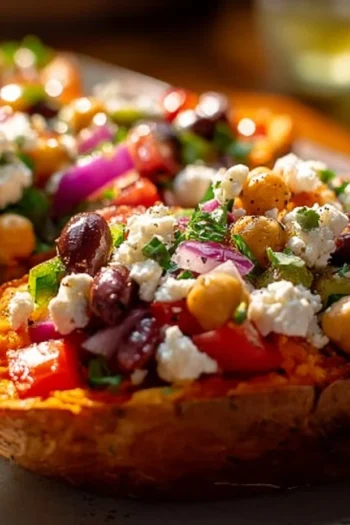 Dive into the vibrant world of Mediterranean flavors with our Mediterranean Stuffed Sweet Potatoes. These wholesome sweet potatoes are filled with a delightful chickpea salad, fresh vegetables, and tangy feta, making for a perfect nutritious meal. Easy to prepare, they're ideal for any day of the week! stuffed sweet potatoes