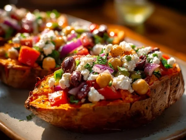 Mediterranean stuffed sweet potatoes topped with fresh ingredients and herbs
