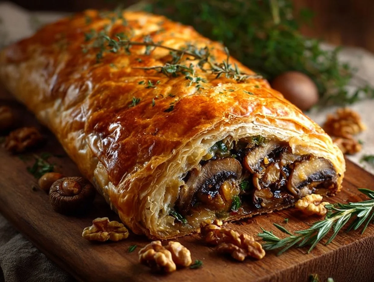 Delicious Mushroom and Walnut Wellington, a perfect vegetarian main dish.