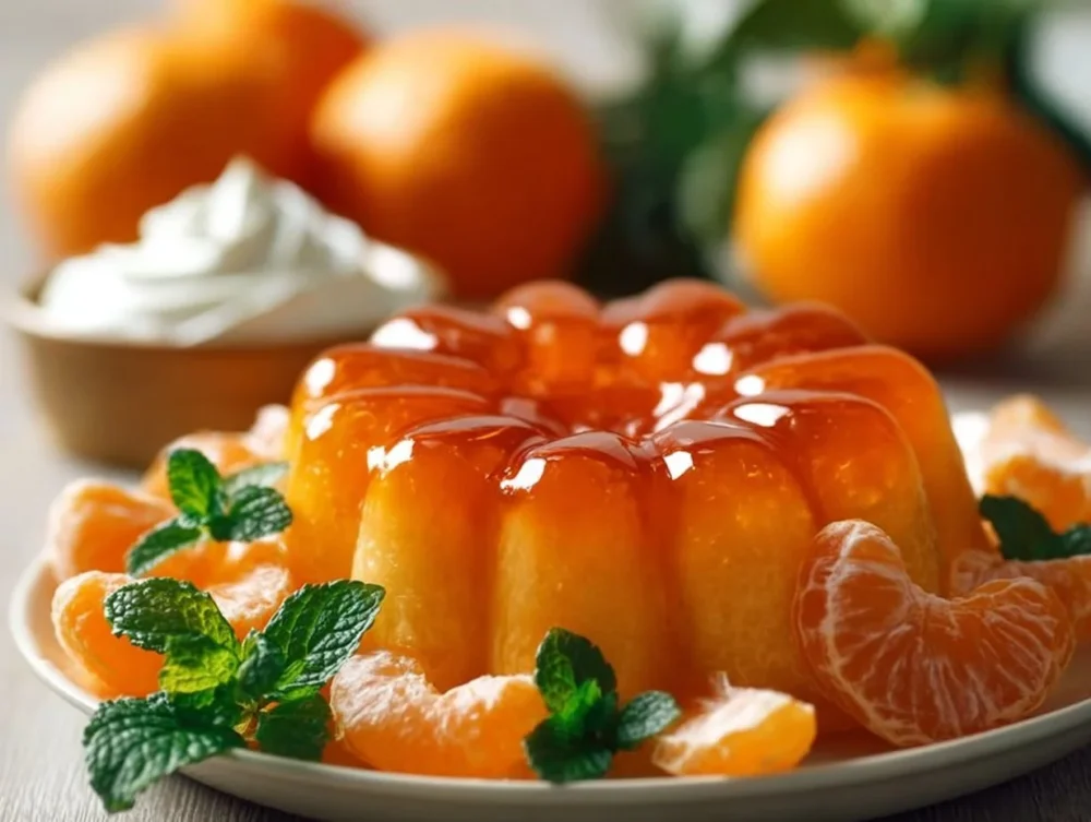 Bowl of vibrant orange jello dessert garnished with fresh fruit