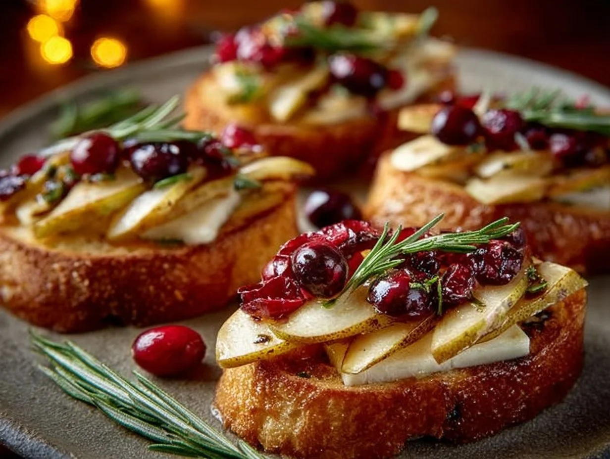 Delicious Pear Brie Cranberry Crostini served on a platter.