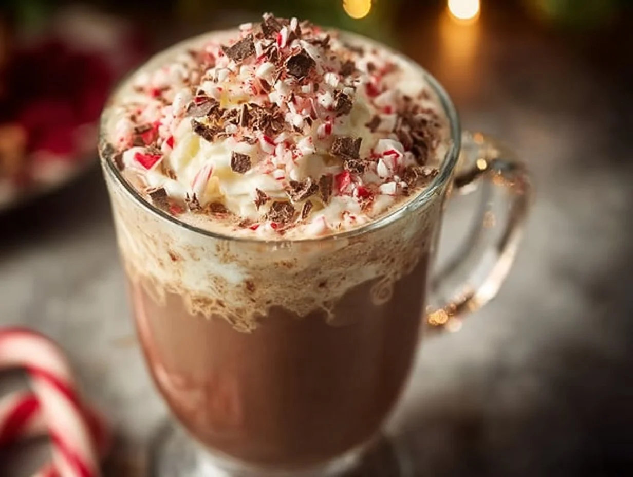 Delicious Peppermint Mocha topped with whipped cream and chocolate drizzle in a festive mug.