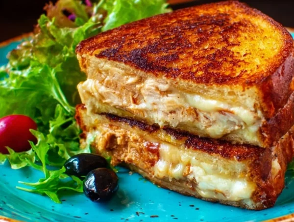Delicious tuna melt sandwich with melted cheese and toasted bread