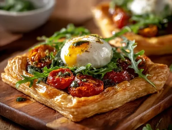 Puff pastry tomato tart with fresh tomatoes and herbs on a wooden table