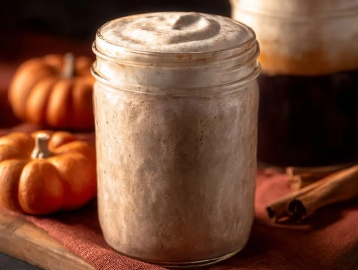Delicious Pumpkin Cold Foam coffee drink topped with whipped cream and spices.