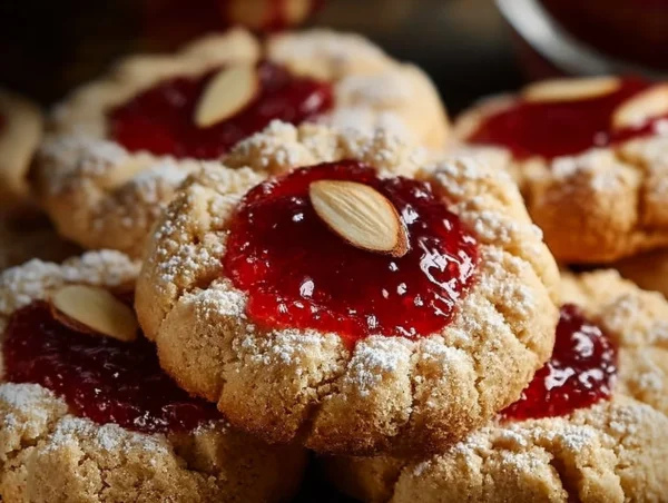 Raspberry Almond Shortbread Thumbprint Cookies on a white plate