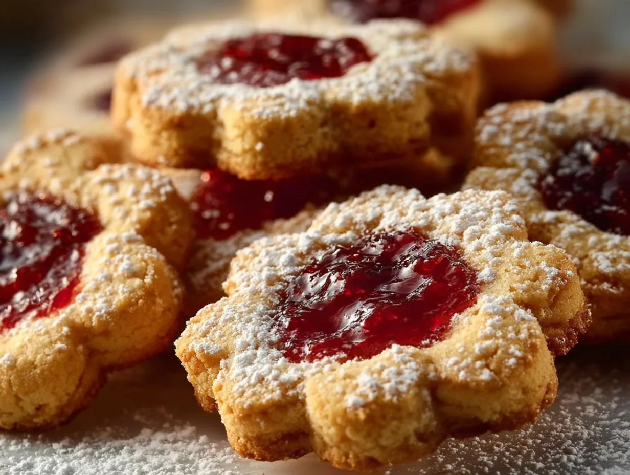 Freshly baked Raspberry Linzer Cookies with raspberry filling and almond flavor