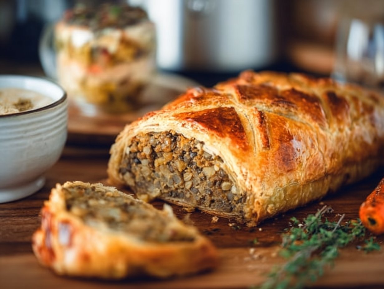 Tastefully arranged Vegan Lentil Wellington on a plate highlighting its golden puff pastry and vibrant filling bursting with lentils and veggies.