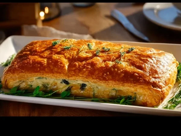 Freshly baked Salmon Wellington dish, a delicious seafood recipe.