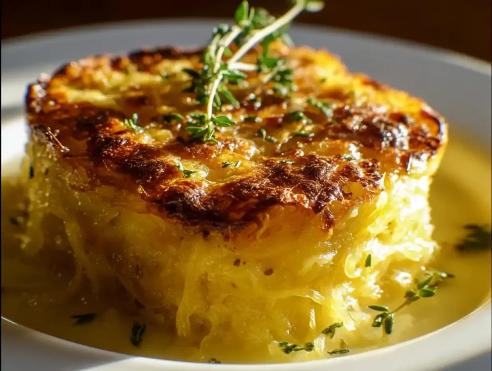 Healthy Spaghetti Squash Au Gratin dish served in a baking dish