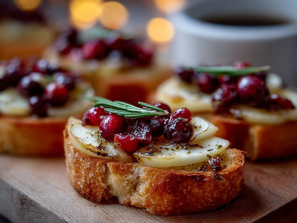 Delicious Pear Brie Cranberry Crostini ready to serve