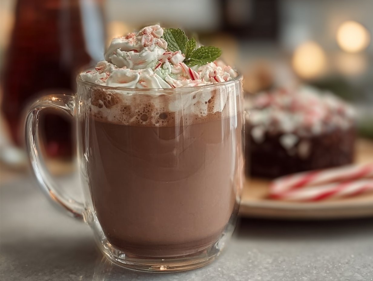 Peppermint mocha topped with whipped cream and crushed candy, a festive drink.