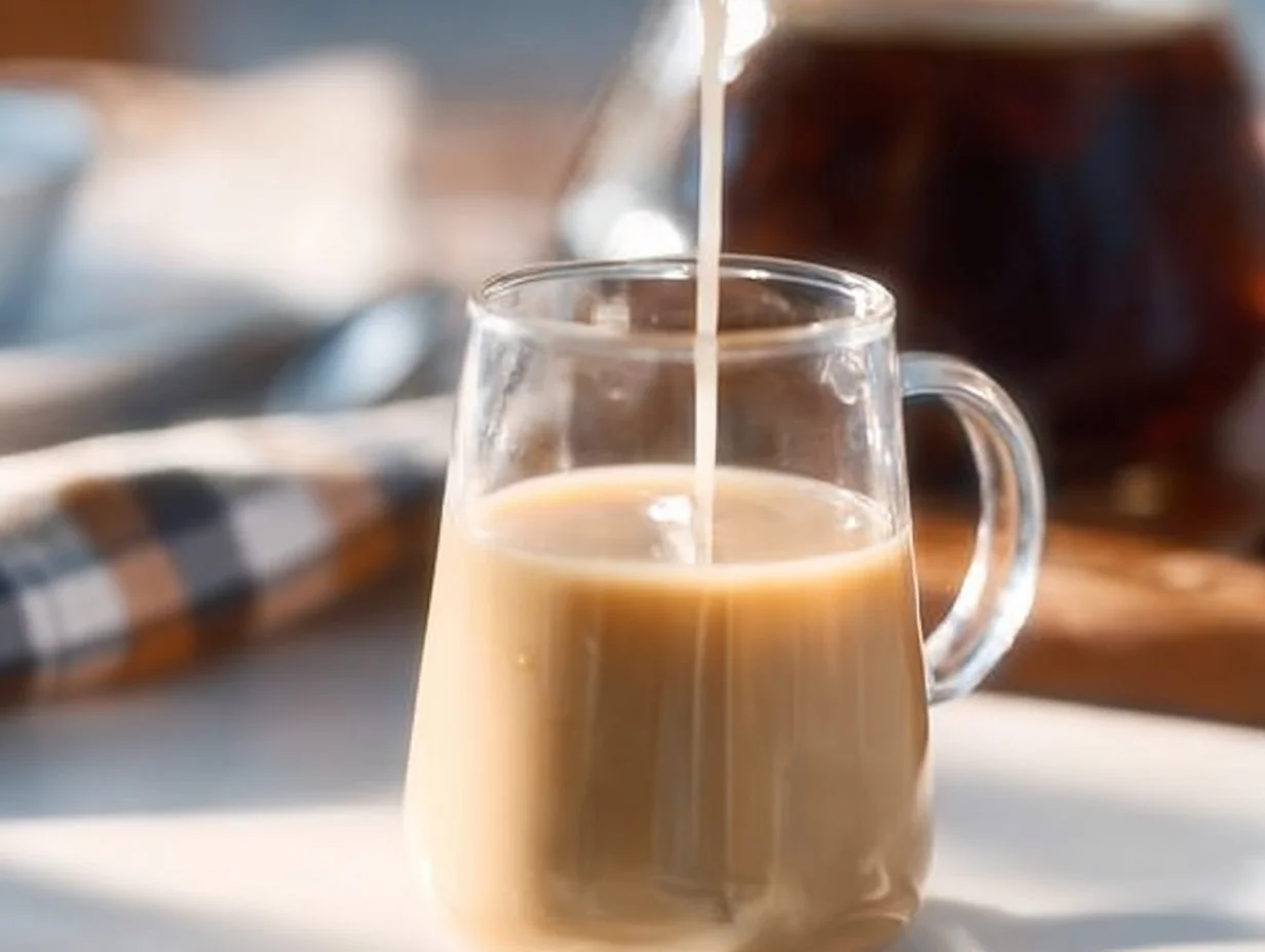 Vanilla coffee creamer in a glass with coffee cup in the background.