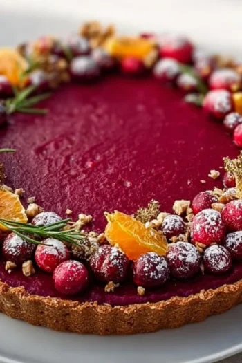 This Vegan Cranberry Curd Tart features a crunchy gingernut cookie crust and a smooth, tangy cranberry filling with vibrant color and refreshing flavor. Simple to prepare yet stunning to serve, it is ideal for holiday gatherings or cozy winter baking. Enjoy it chilled for a bright, elegant dessert that always impresses. cranberry curd tart
