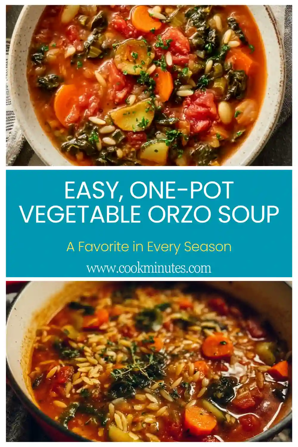 A beautifully steaming bowl of Easy, One-Pot Vegetable Orzo Soup, garnished with fresh Parmesan.