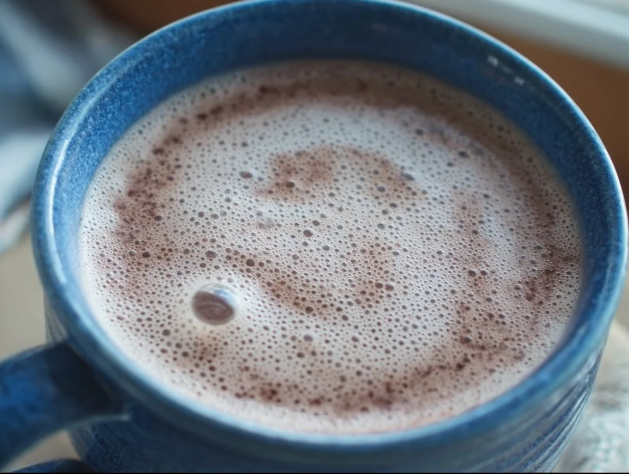 A cozy cup of warm maple vanilla almond milk topped with almonds and maple syrup.