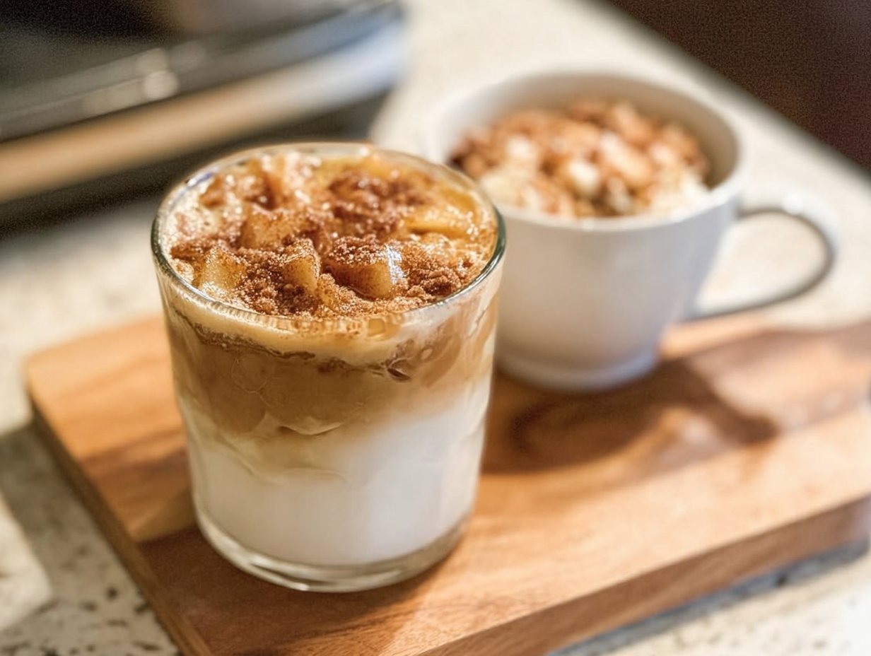 Apple Crisp Macchiato: A Cozy Autumn Treat A warm cup of Apple Crisp Macchiato garnished with cinnamon and apple slices, showcasing autumn flavors.