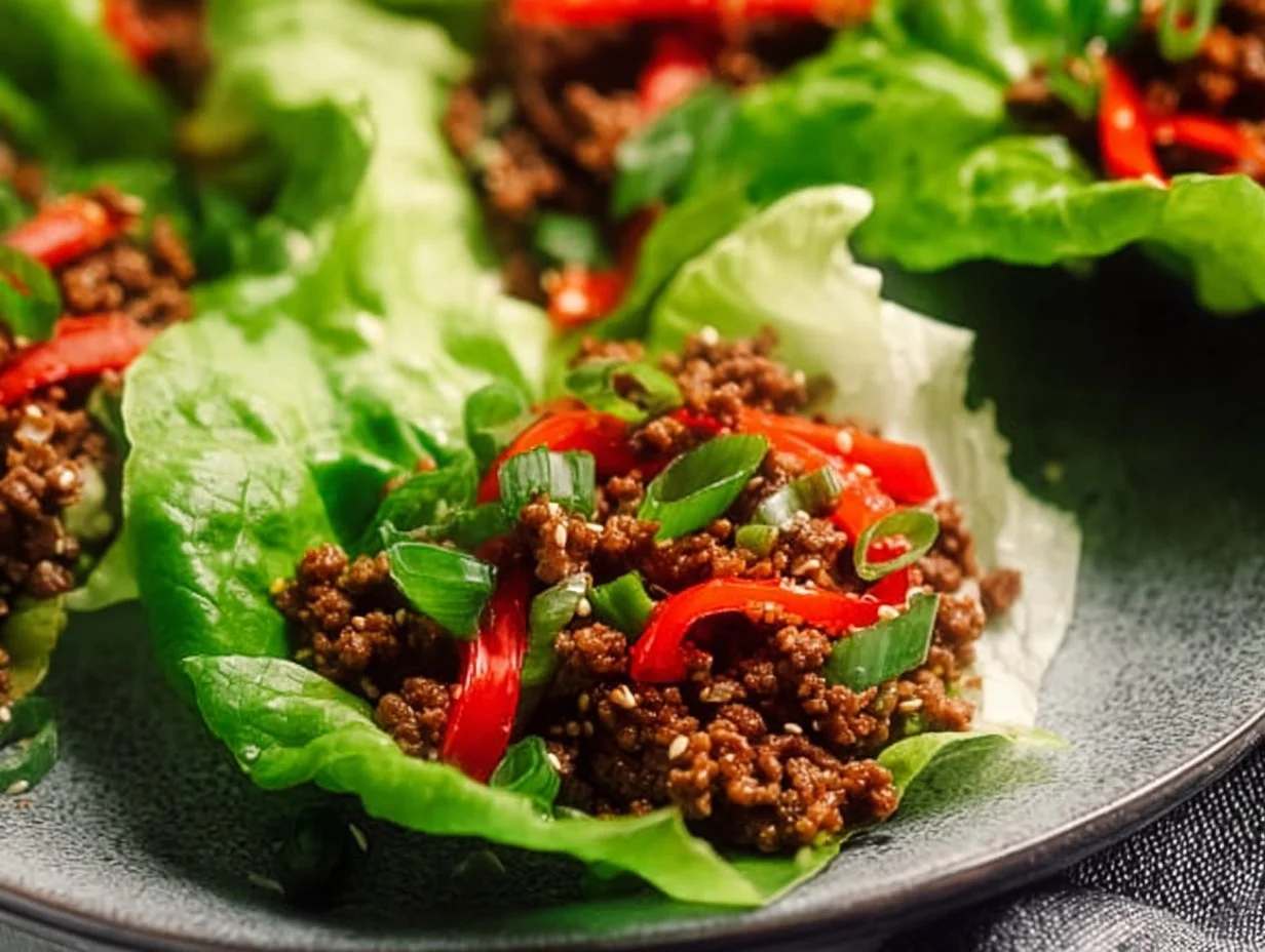 Asian Ground Beef Lettuce Wraps - A Flavorful Twist on a Classic Asian ground beef lettuce wraps served on a plate.