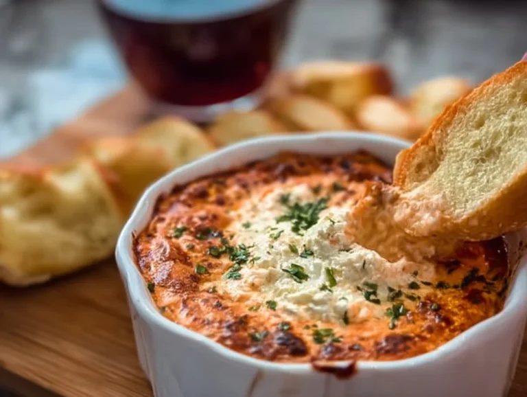 Baked Goat Cheese Dip: A Creamy Delight for Any Occasion This easy Baked Goat Cheese Dip is a creamy, flavorful appetizer that will be the star of your next gathering. With its mix of tangy goat cheese and soft cream cheese, it offers a delightful flavor that pairs perfectly with toasted baguette slices. goat cheese dip