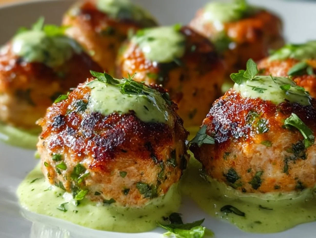 Baked salmon meatballs served with avocado sauce on a plate.