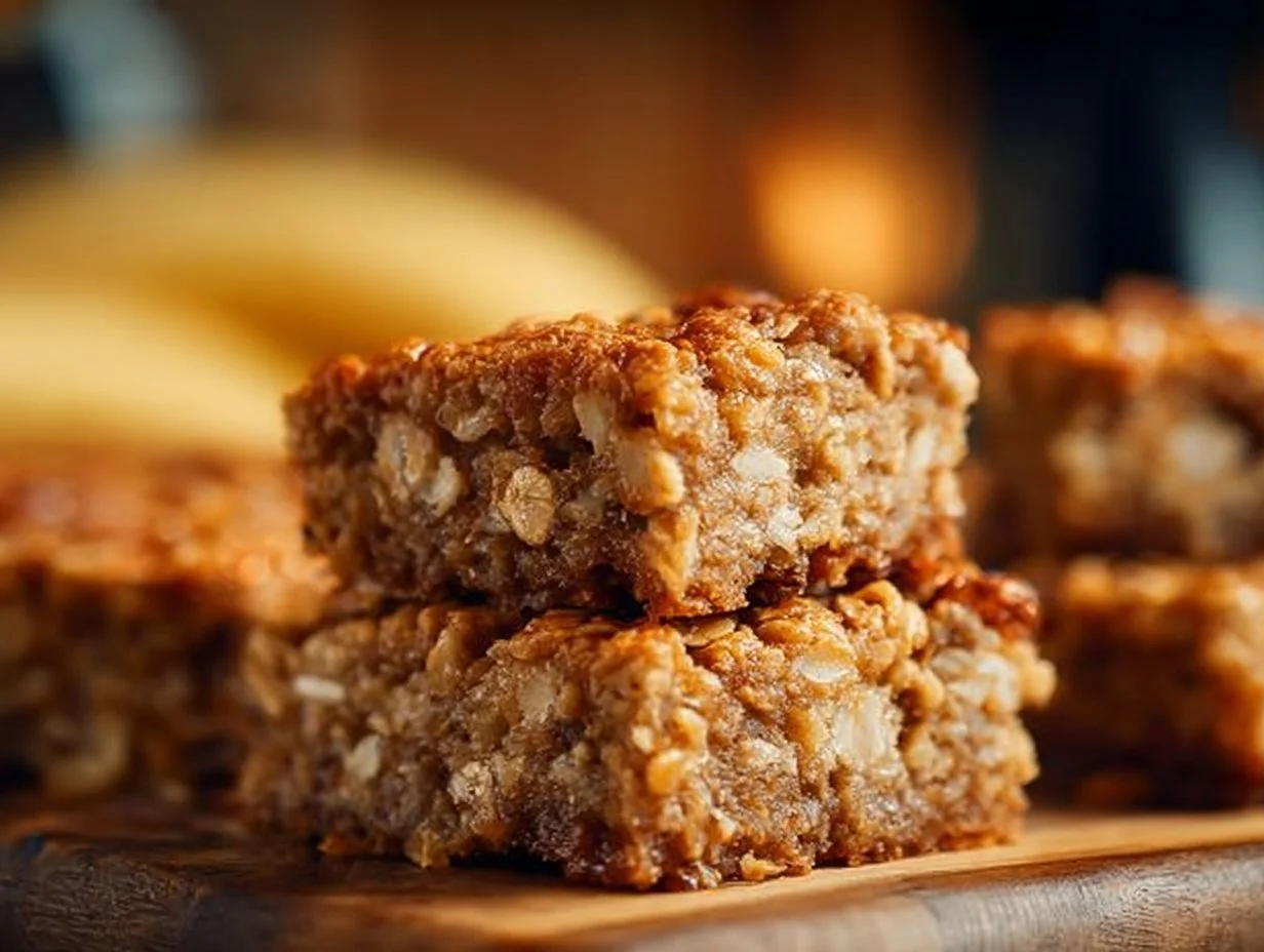 Freshly baked Banana Oatmeal Bars on a wooden table