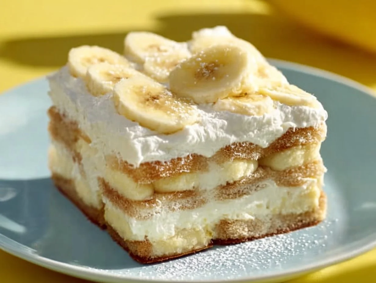 Delicious banana tiramisu dessert served in a glass with layers of cream and banana.