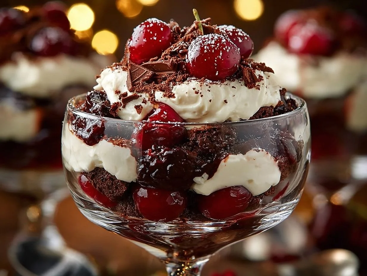 Delicious layered Black Forest Trifle with chocolate, cherries, and whipped cream.