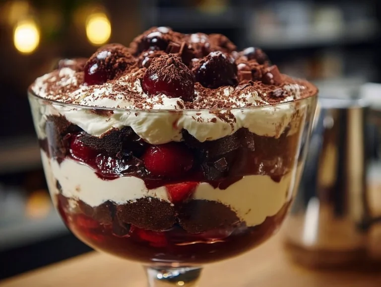 Indulge in the richness of chocolate and cherries with this Best Layered Black Forest Trifle. Perfect for gatherings or a sweet treat at home, this layered dessert is a crowd-pleaser and is easy to make! Black Forest Trifle