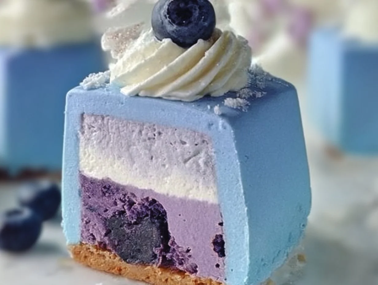 Blueberry cheesecake mochi dessert with fresh blueberries on top.