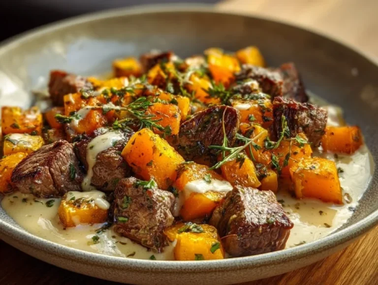 Excerpt text: Savor the comforting flavors of Butternut Squash & Garlic Herb Steak Bowls. This easy, nutritious recipe combines roasted butternut squash with tender steak and vibrant herbs for a delightful meal. Butternut Squash & Garlic Herb Steak Bowls