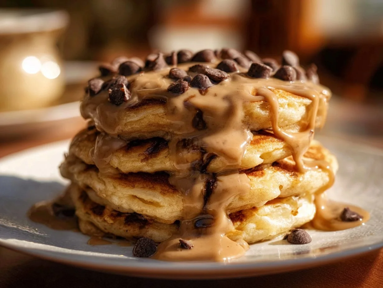 Delicious chocolate chip coffee pancakes stacked on a plate.