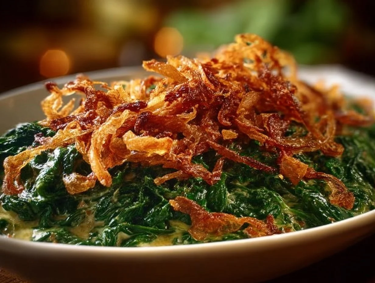 Creamed spinach topped with crispy fried shallots served in a bowl.