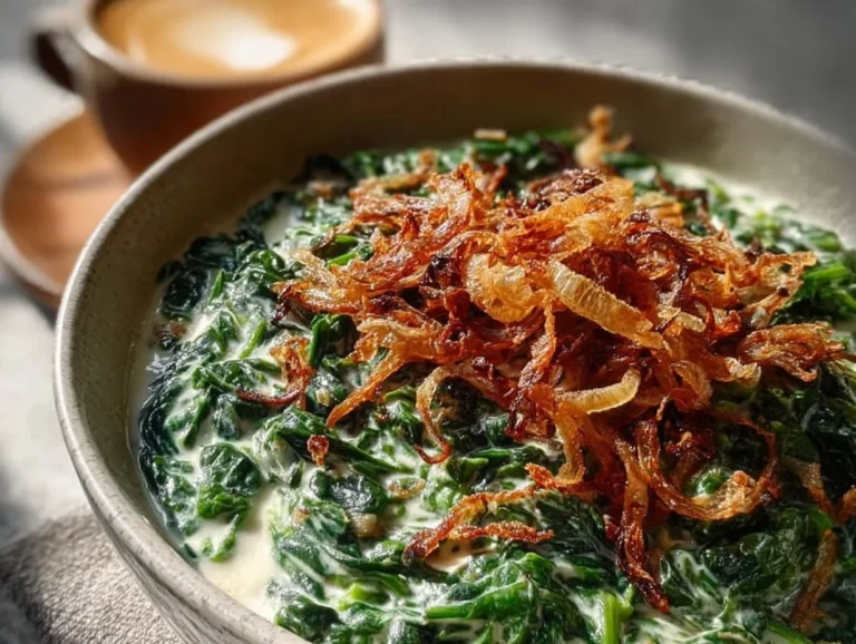 Immerse yourself in the rich, creamy goodness of our creamed spinach with crispy fried shallots. Perfect as a side dish or a comforting meal, this recipe is sure to impress with simple ingredients and amazing flavors. creamed spinach