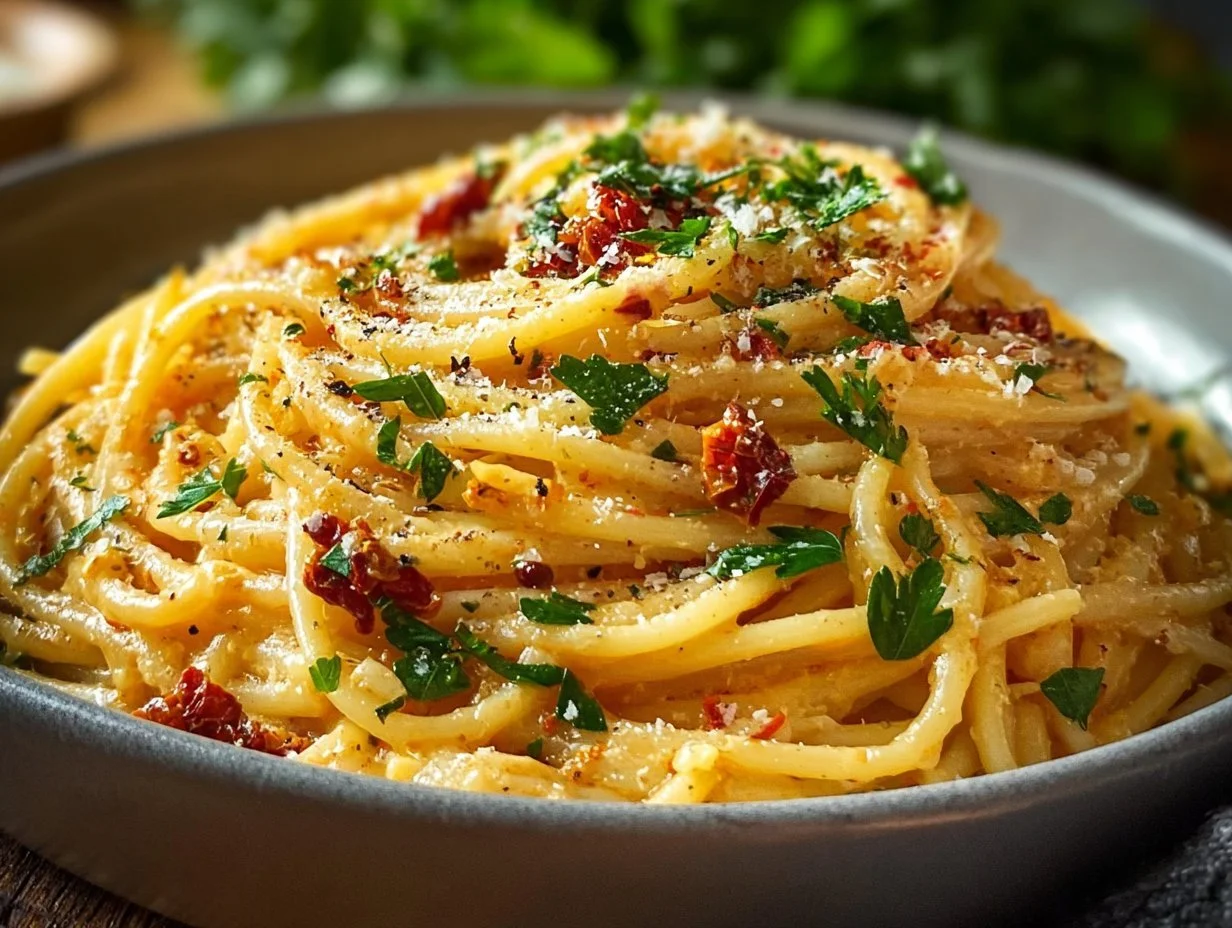Creamy vegan caramelized onion pasta served in a bowl with fresh herbs.