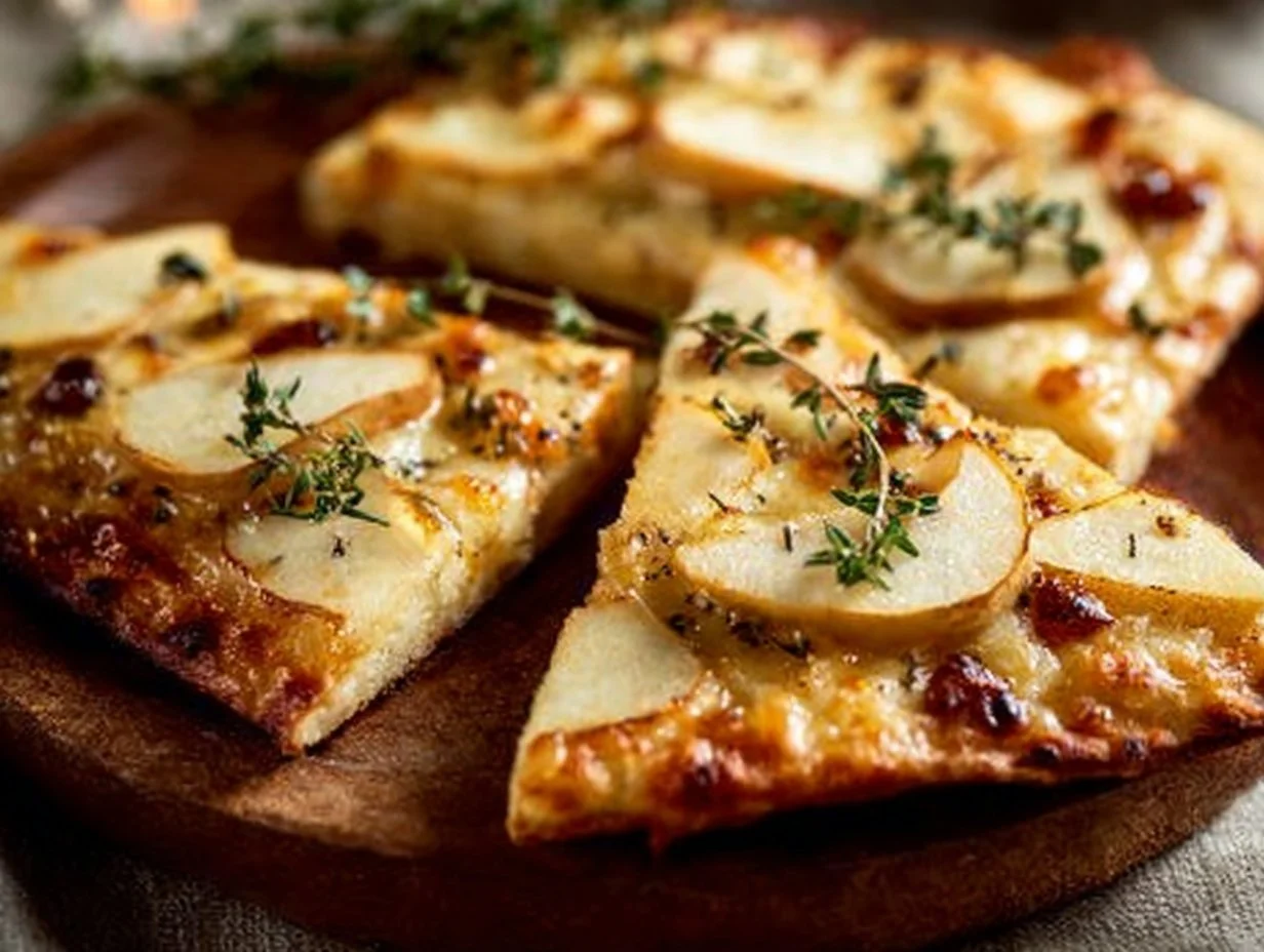 Crispy Flatbread with Brie: A Deliciously Unique Dish Crispy flatbread topped with creamy brie cheese, garnished with herbs.