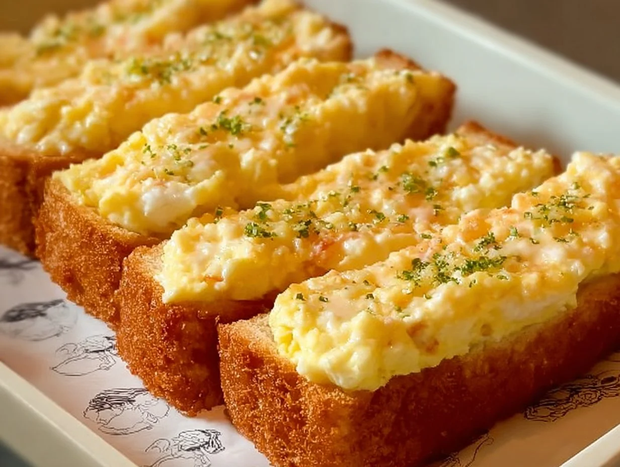 Crispy Fried Egg Salad Toast served on a plate with fresh greens.