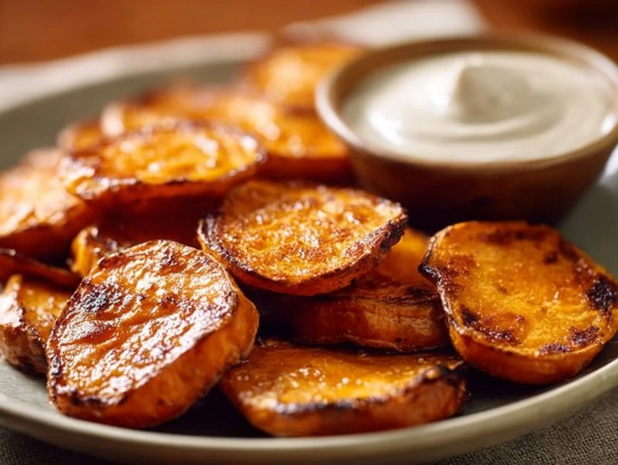 Crispy Crispy Roasted Sweet Potato Rounds With Yogurt Dip on a plate