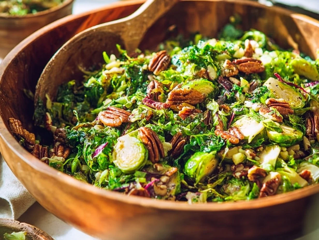 Crispy sautéed Brussels sprouts with pecans in a skillet