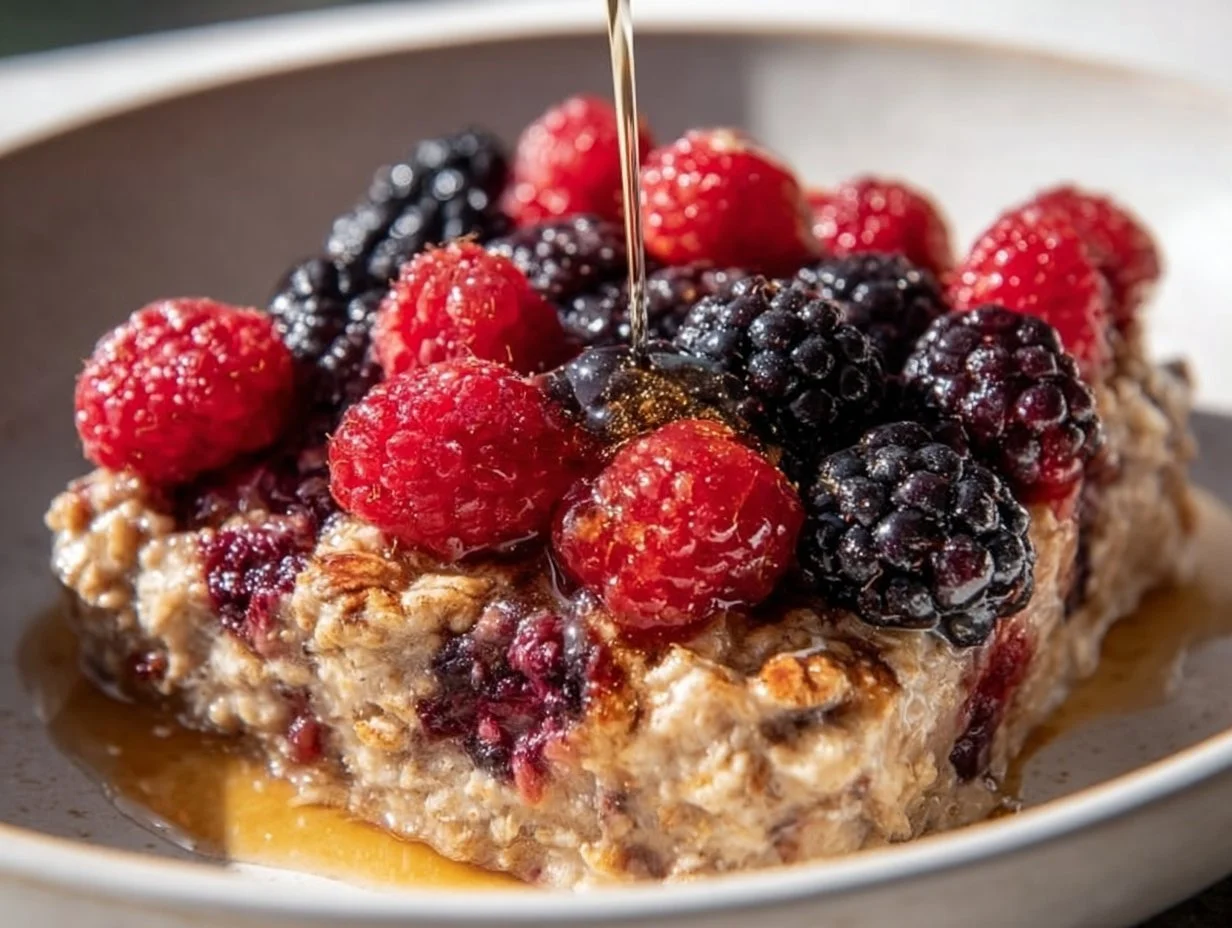 Delicious Easy Baked Oatmeal Casserole served in a dish with fresh fruits on top